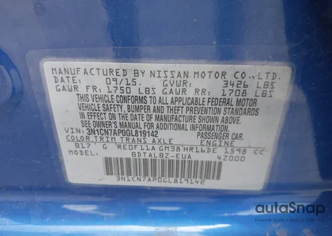 2016 Nissan Versa 1.6 S/1.6 S+/1.6 Sl/1.6 Sv z USA, uszkodzony, nr VIN 3N1CN7AP0GL819142